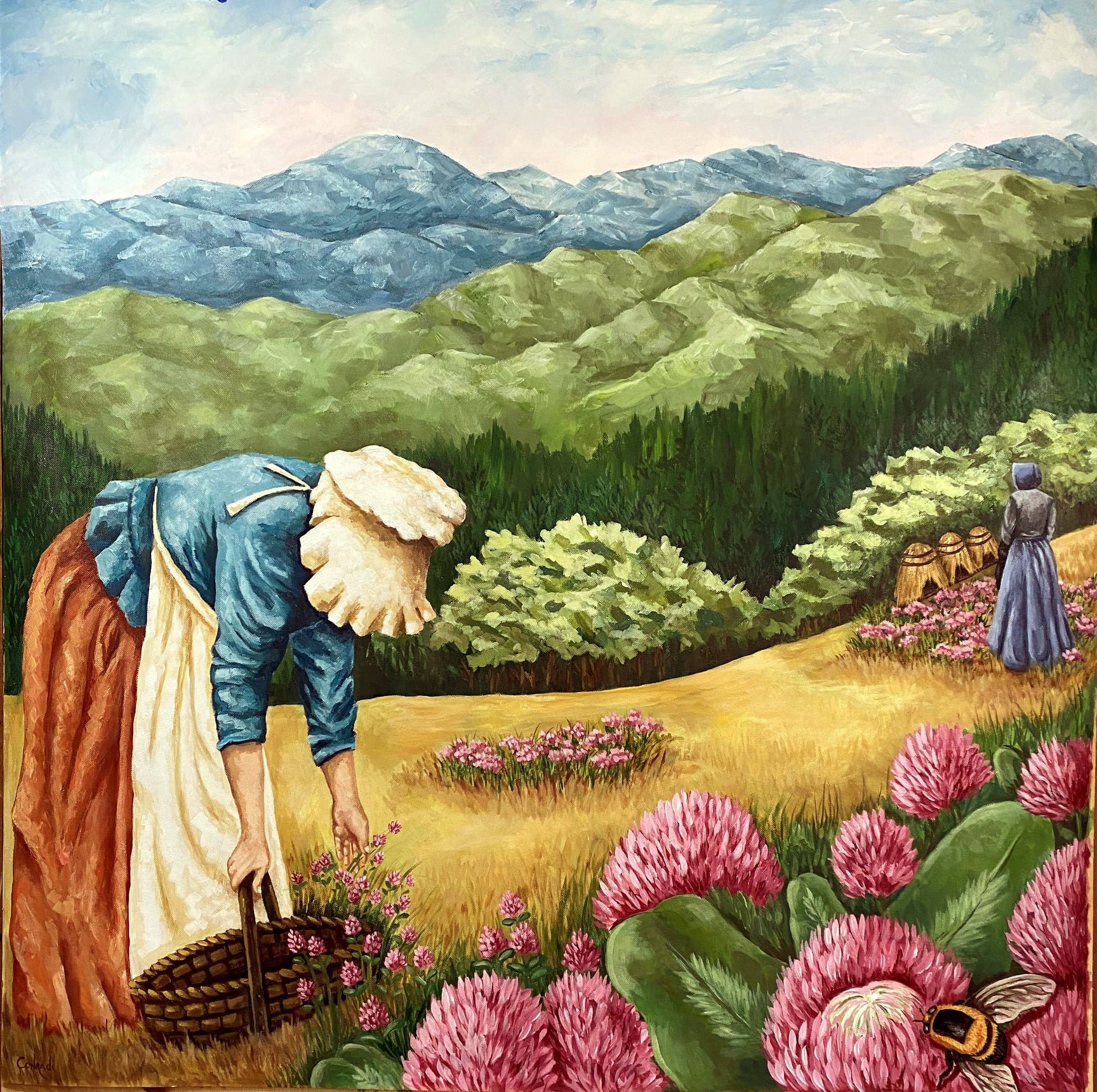 ladies harvesting w/mountain background