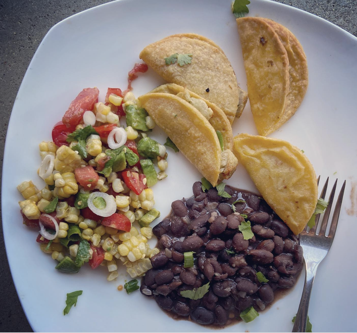 Corn salad with mini chicken tacos